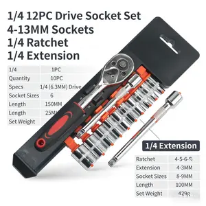 12 Piece Ratchet Socket Wrench Set, 1/4 Inch Dual Direction Quick Release, Steel Star Head, Includes 10 Sockets 4-13mm and Extension Rods