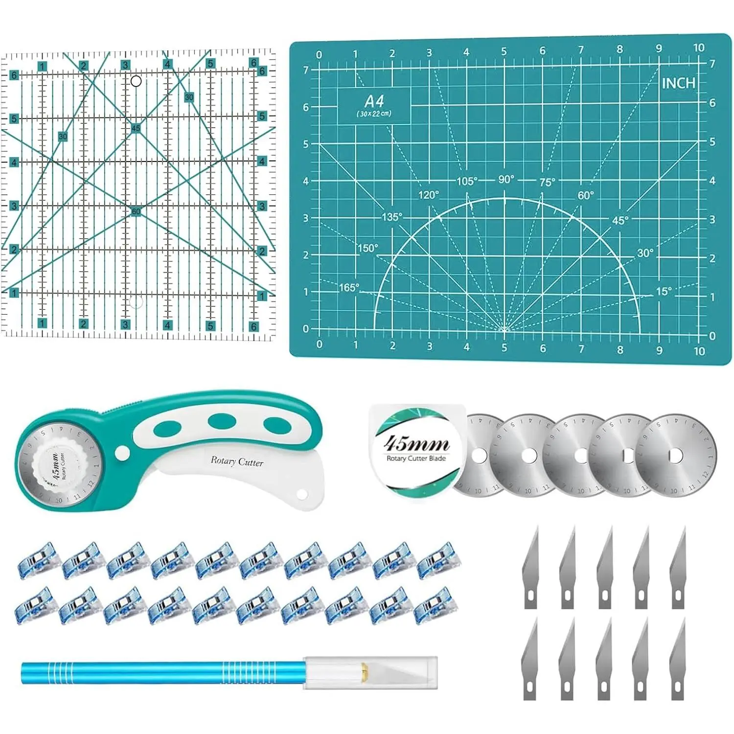 39 count Rotary  Set- Quilting Kit incl. 45mm Fabric  with 5 Extra , A4  Mat, 2 Craft  Set, Ideal for Crafting, Sewing, Patchworking Turquoise
