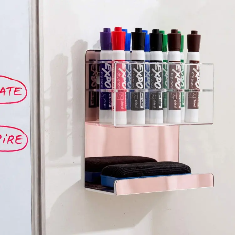 2-Tier Rose Gold Acrylic Wall Mounted 10-Slot Dry Erase Whiteboard Marker and Eraser Holder