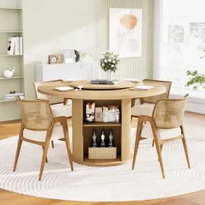 55" Round Dining Table for 6 with Lazy Susan & Hidden Storage, Modern Farmhouse Pedestal Table w/ Sliding Fluted Door for Dining Room & Kitchen, Natural