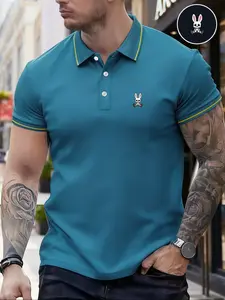 Men's Classic Fashion Casual Comfortable Micro-Elastic Straight Tube Polo Shirt, Trim Design, Rabbit Print, Outdoor Sports Polo