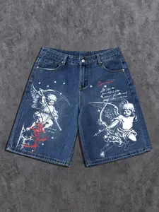 Men's Gothic Angel Print Denim Shorts, Loose Fit Jeans with Scythe Pattern, Y2K Street Style, Casual Daily Fashion