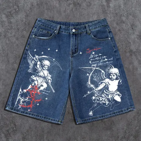 Men's Summer Casual Button Fly Denim Shorts with Pocket, Gothic Angel Symbolism Graphic Print, Loose Fit, Dark Streetwear Style, Punk, Trendy Fashion, Daily Wear Menswear