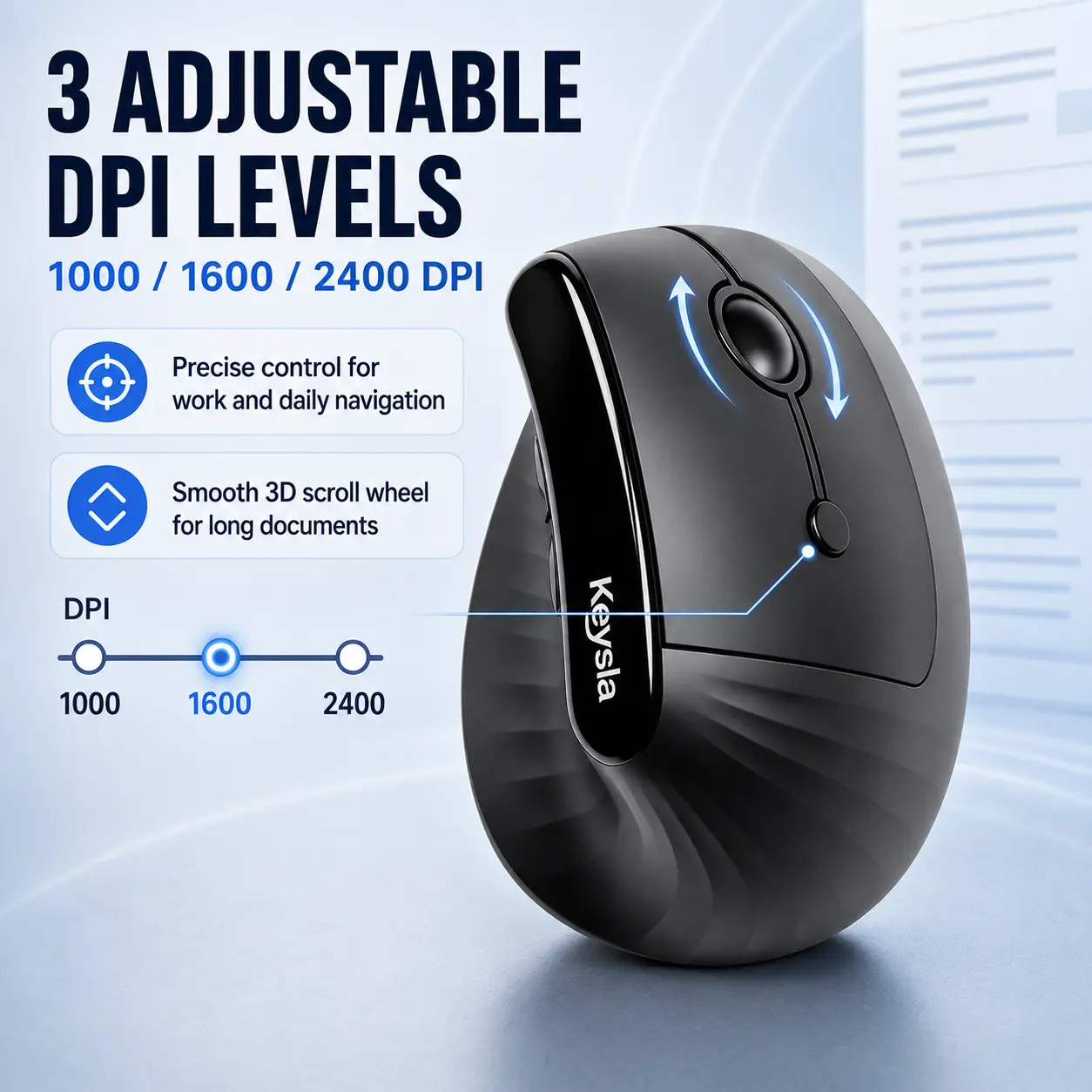 Keysla Ergonomic 57° Vertical Mouse, PC Accessories, Office Gadgets, Dual Connection (Wireless Bluetooth 5.0 & 2.4G), Quiet Clicks, 3 Adjustable DPI, Smooth Scroll, Wrist Pain Relief, Multi-Platform for Laptop, Office Use (Black)