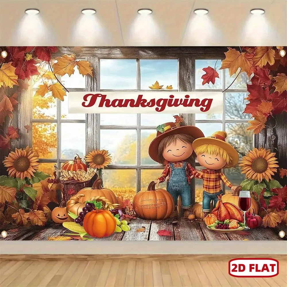 2D Flat Vibrant Autumn Harvest Wall Banner, Durable Polyester Material, Easy-Hang Design, Cartoon Farmer-Pumpkin-Maple Leaf Print, Ideal for Fall Home Decor, Thanksgiving & Birthday Celebrations