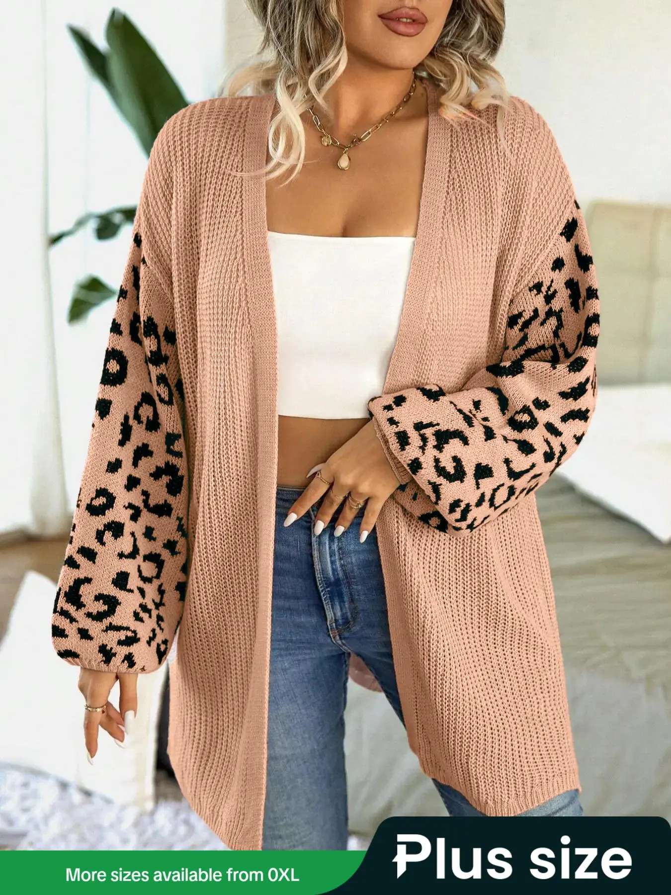 Plus Size Leopard Print Drop Shoulder Split Hem Fitted Longline Fashion Cardigan, Casual Long Sleeve Open Front Knitwear for Spring & Fall, Gift Set, Gift Ready for Women, for Daily Wear & Christmas