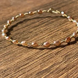Pink Pearl on Gold Copper Core Wire Wrap Dainty Wave Bangle Bracelet Handmade Adjustable Unique Design hook closure 7”