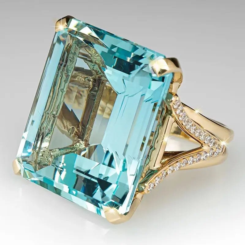 Blue Emerald Cut Statement Ring for Women, Elegant Fashion Jewelry with Sparkling Gold Band for Party & All Seasons, Sizes 6-10