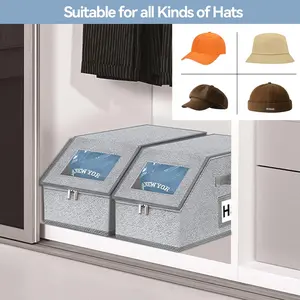 2 Pack Hat Organizer for Baseball Caps - Dustproof Lid, Large Fabric Boxes with Clear Window, Stackable & No Assembly Needed, Keeps Cap Shape, Ideal for Men's Closet Shelves