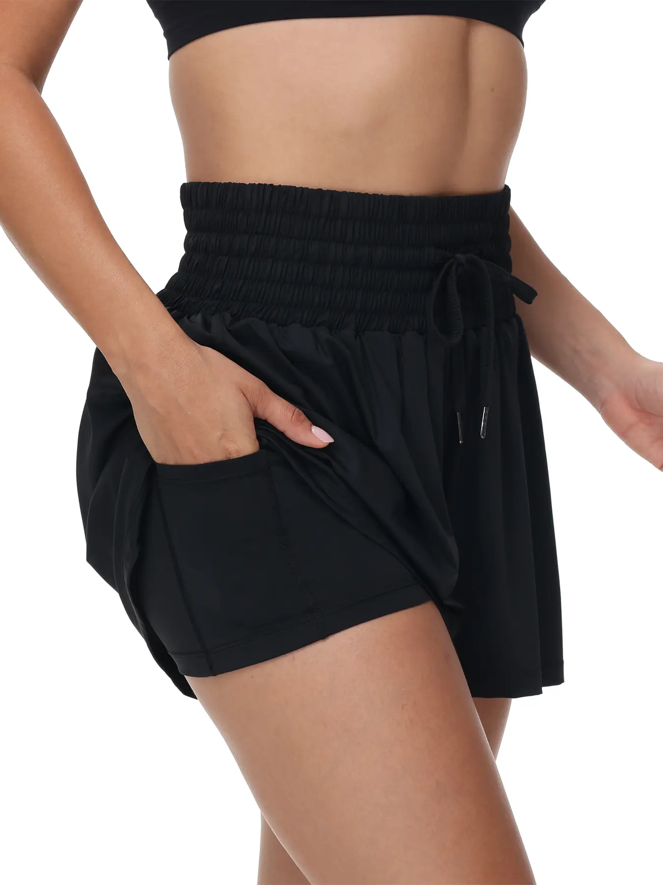 Women's High Waist  2-in-1 Flowy Athletic Shorts - Drawstring Running Shorts with Phone Pockets, Lightweight Tennis Golf Workout Preppy Shorts for Summer Casual Outfit