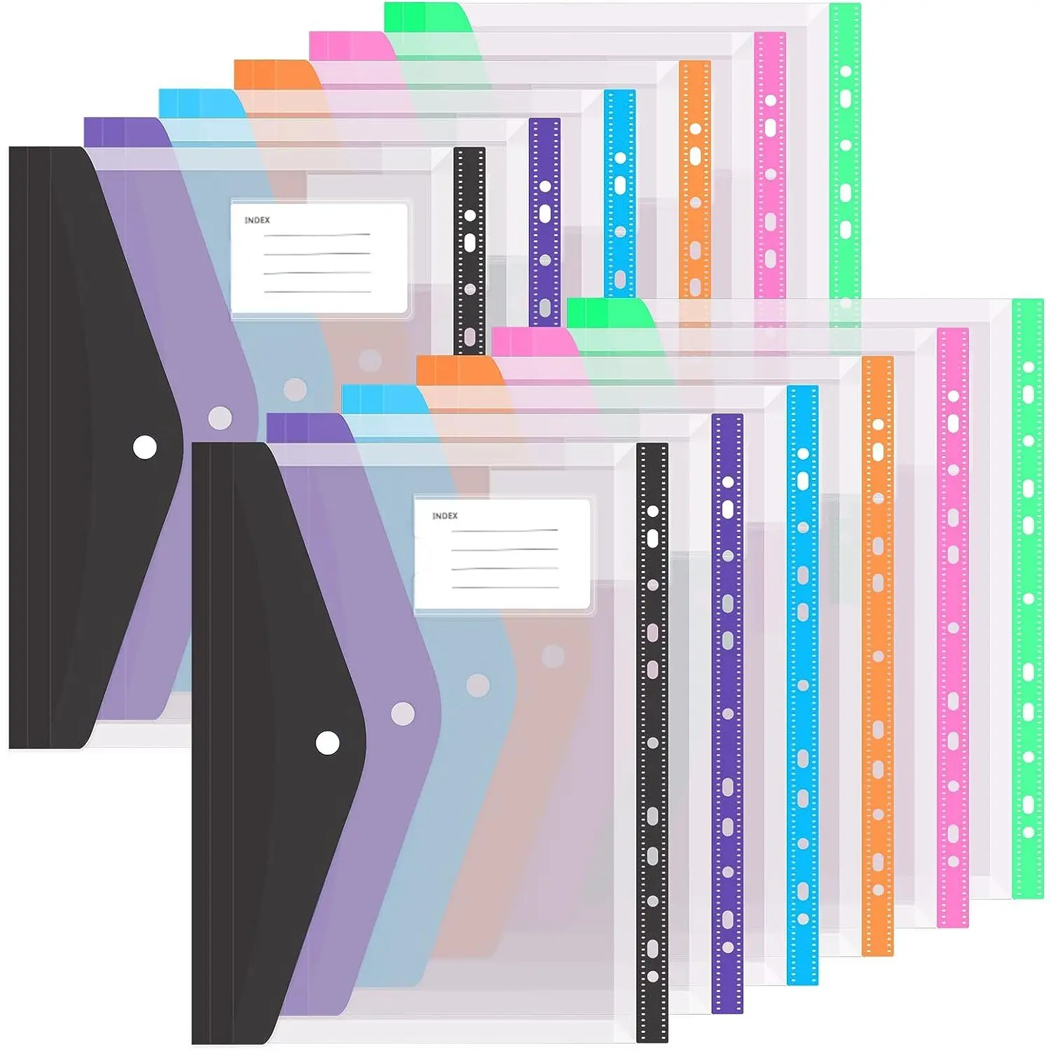 12 A4/letter Size Binder Pockets, Transparent Plastic Envelopes, Expandable 11-Hole Design, Office, School, Home Use, Includes Clips and Labels