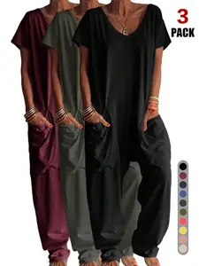 2026 Women's Casual Organic Material Jumpsuit, Short-Sleeve V-Neck Harem Pants, Loose Fit Wide Leg, Perfect for All Seasons, Stylish & Comfortable