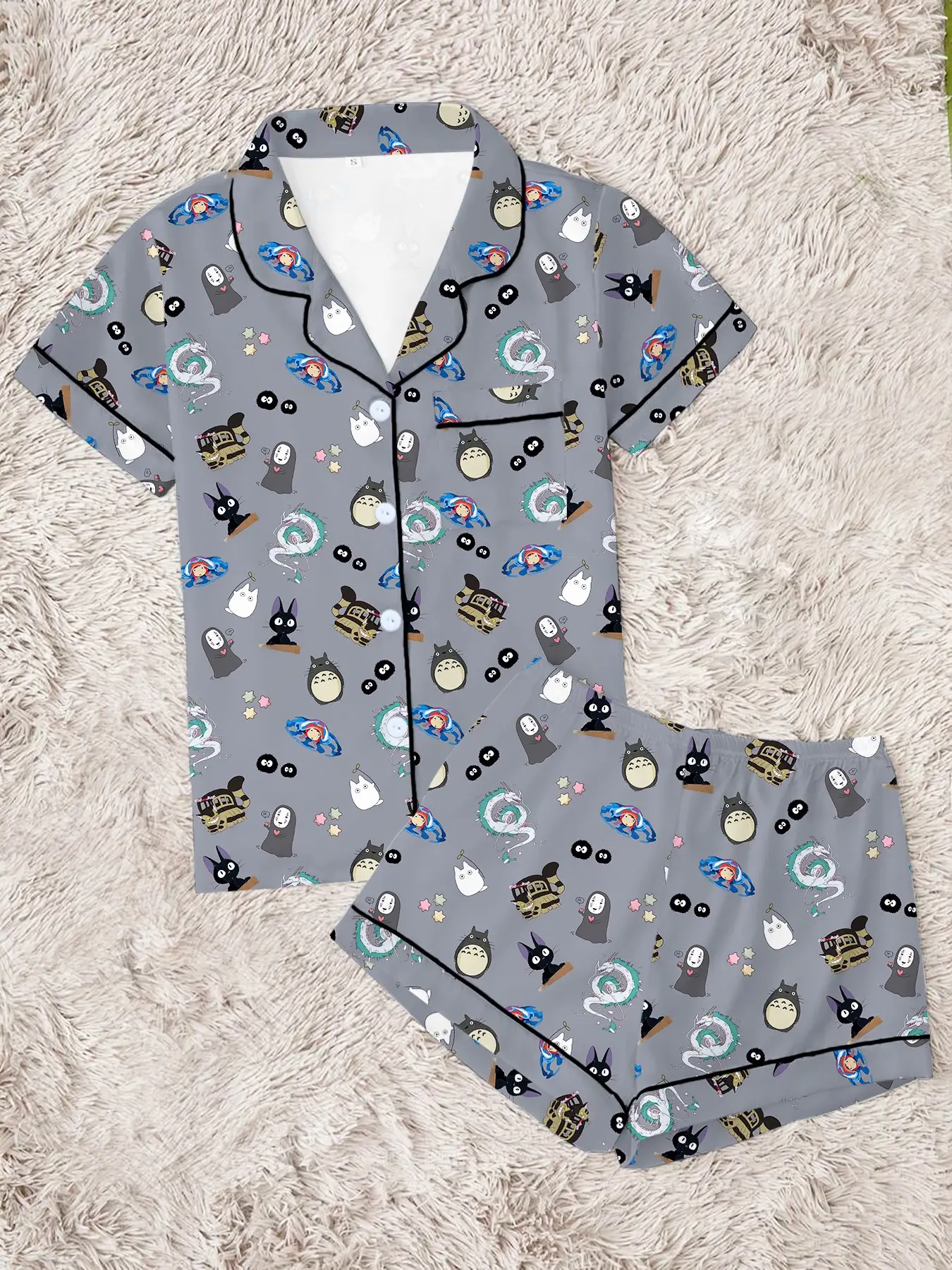 Healing Forest Spirit，Coastal Girl & Fish，Magical Girl & Black Cat，Mysterious Faceless Deity ，Women's Pajama Set, Comfortable Two-Piece Sleepwear, Short Sleeve Button-Up Top & Elastic Shorts, Casual Home Wear, Party Gift