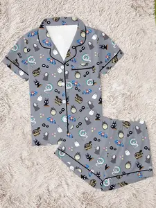 Healing Forest Spirit, Coastal Girl & Fish, Magical Girl & Black Cat, Women's Pajama Set, Pyjamas, Comfortable Two-Piece Sleepwear, Short Sleeve Button-Up Top & Elastic Shorts, Casual Home Wear, Party Gift