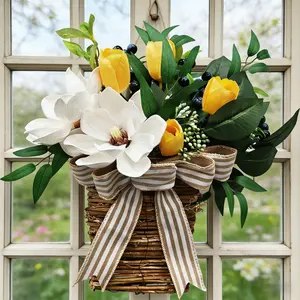Realistic Magnolia Tulip Set, Spring Summer Floral Artificial Hanging Basket Door Ring, Garden Decorations, Suitable for Front Door Window Garden Patio Fence