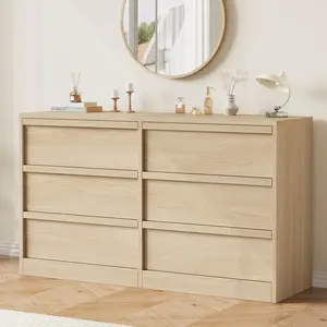 【Christmas Gift】Garvee Modern Double Dresser Organizer with 6 Drawers Large Storage Wooden Chest of Drawers for Living Room Bedroom Nursery Hallway - Natural Wood
