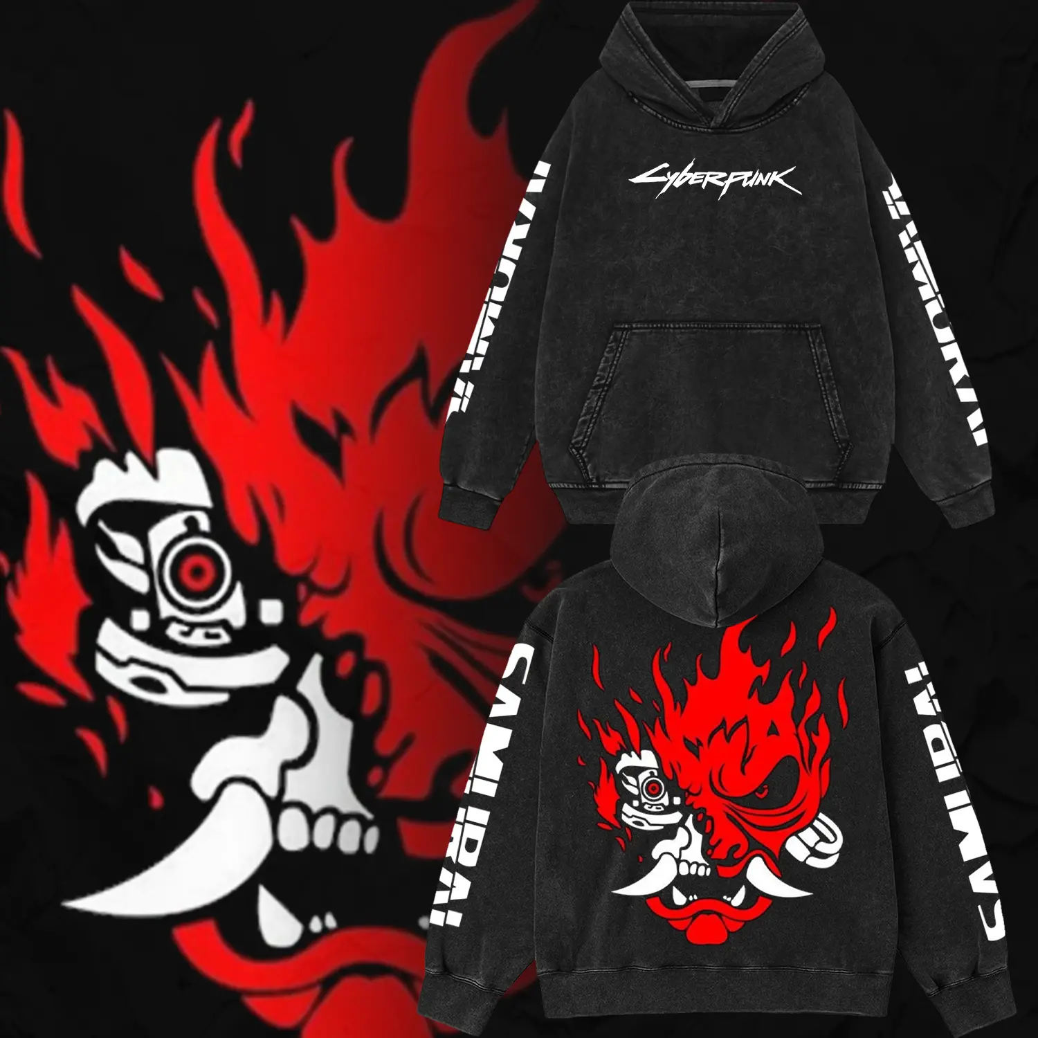 Samurai - Cyberpunk Edition Double-Printed Oversize Lightweight Acid-Washed Premium Cotton T-Shirt, Classic Soft Relaxed Fit Apparel, TV/Film Graphic Streetwear Menswear Top