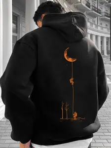 Men's Fall Winter Sci-Fi Astronaut Moon Graphic Print Hoodie, Cool Long Sleeve Drawstring Sweatshirt, Street Casual Sport Top