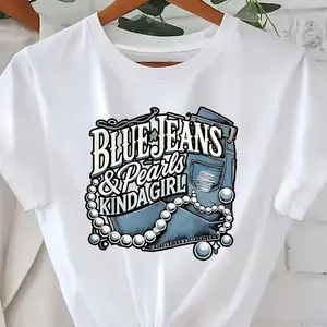 Blue Jeans Pair with a Pearl Patterned T-Shirt - a Casual Women’s Tee featuring denim-inspired pearl prints, round neckline, short sleeves, breathable, perfect for spring and summer.Classic Sweater