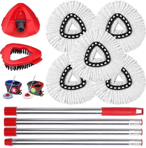 Spin Mop Head and Brush Replacement Compatible with O Cedar EasyWring 1-Tank System, 4 Mop Replace Heads, 1 Mop Handle, 1 Mop Base and 1 Mop Base Scrub Brush Combo Set,without bucket