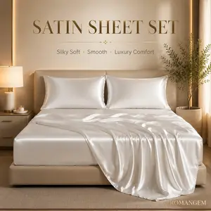 ROMANGEM Satin Sheet Set 4 Piece, Silky Soft Microfiber Bedding, Deep Pocket Fitted Sheet, Flat Sheet & 2 Pillowcases, Luxury Hotel Style White Bed Sheets Split King Cooling girly bedroom decor