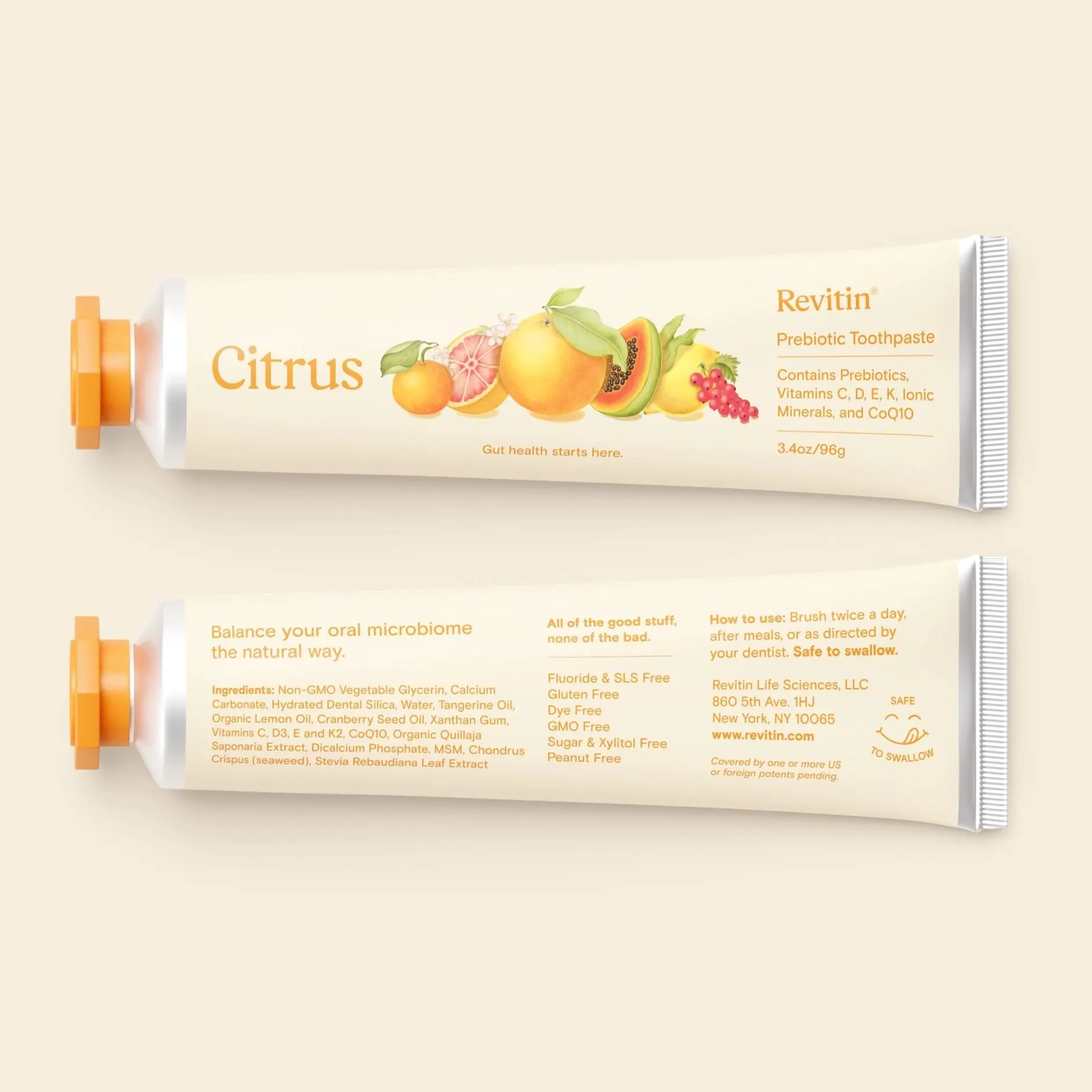 Revitin Citrus Prebiotic Toothpaste - Fluoride-Free, SLS-Free, Triclosan-Free Formula with Vitamins C, D, E & K for Gentle Cleansing and Fresh Breath | Single Tube
