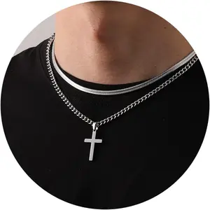 Zocomi Cross Necklace for Men Boys, Stainless Steel Layered Cuban Link Herringbone Chain Cross Pendant Christian Fashion Jewelry Gifts 16-24 Inches