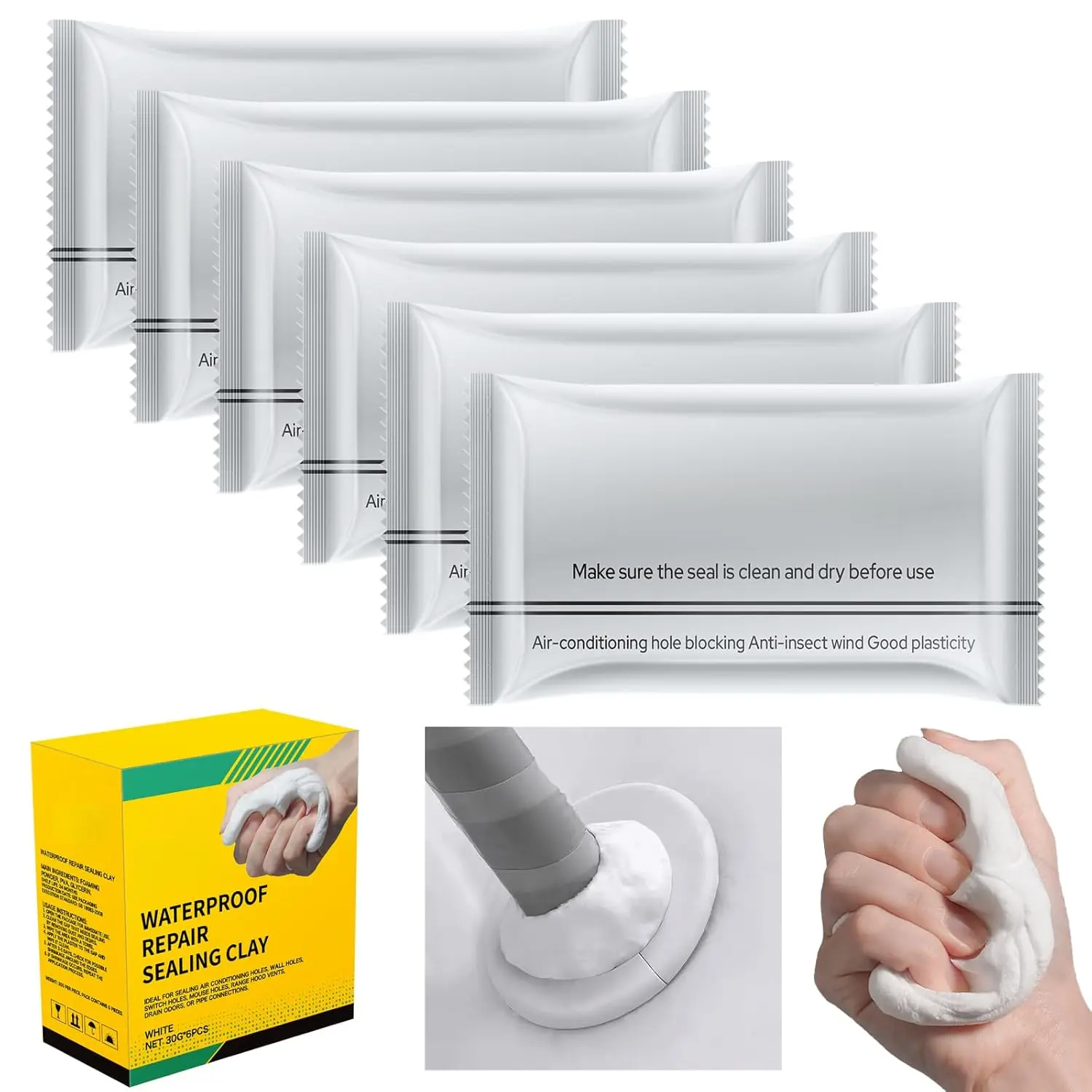 Baby Safety Sealing Clay - 6-Pack White Waterproof Sealant Mastic, Quick-Mending Repair Putty for Drain Connections, Wall Holes