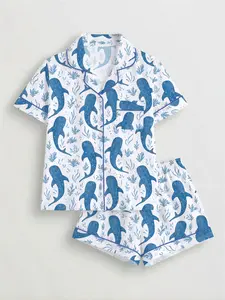 Women's Ocean Plant Shark Print Sleepwear Set, Short Sleeve Button-Up Top & Elastic Shorts, Casual Home Wear for All Seasons, Loungewear