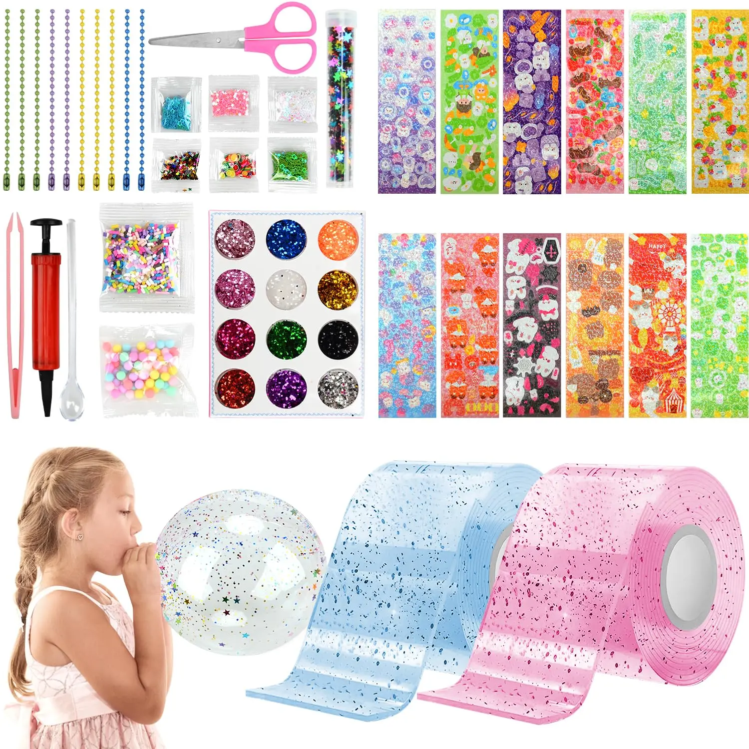 Child's Christmas & Halloween Nano Bubble Craft Kit - 2 Rolls Shiny Pink & Blue Double-Sided Nano Tape, Pump, Glitter Dust Stickers, Foam Beads for DIY Projects