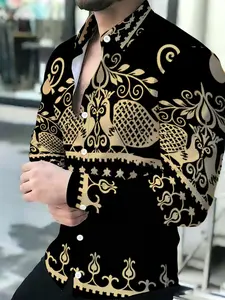 Men's Gold Court Style Peacock Totem Segmented Print Long Sleeve Shirt, Casual Button Down Fitted Cut All over Print, All Seasons Wear