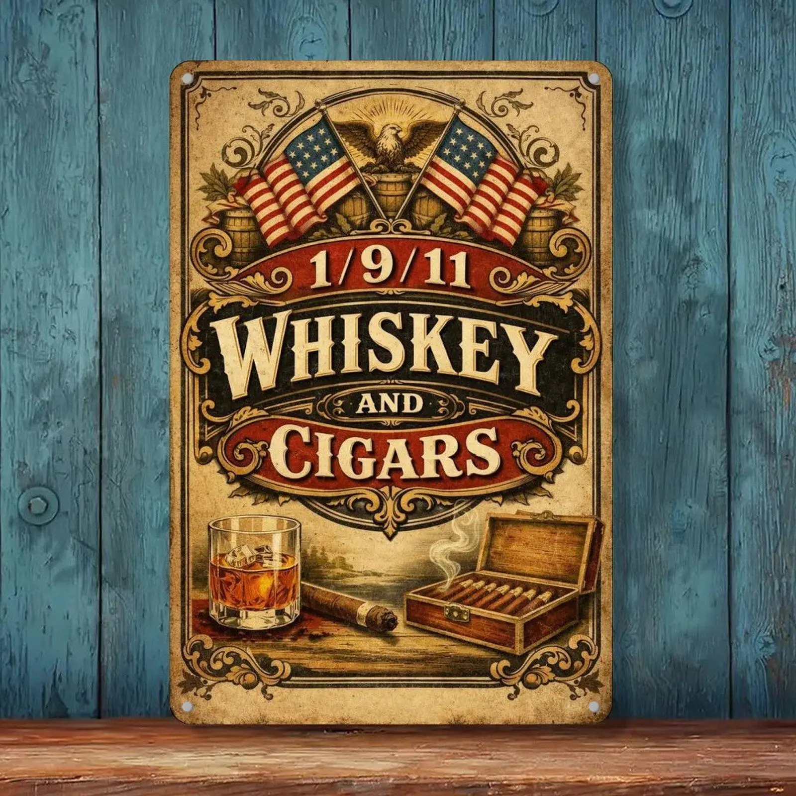 Whiskey And Cigar Eagle American Flag Vintage Tin Sign 8x12in Bar Man Cave Wall Decor Metal Tin Sign