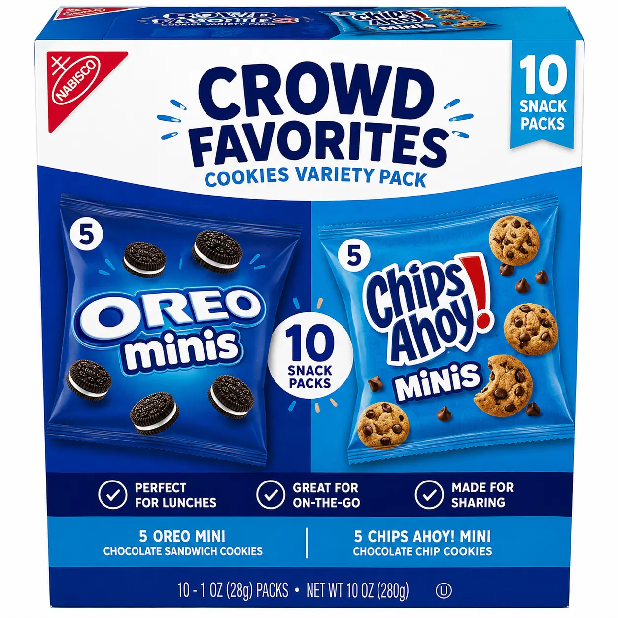 Nabisco Crowd Favorites Cookies Variety Pack - 10 Individually Wrapped Snack Packs of OREO Minis & CHIPS AHOY! Minis for Lunchboxes School Work Travel Parties