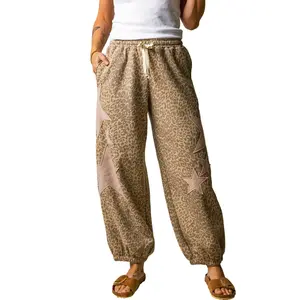 Khaki Leopard Print Star Patched Drawstring Elastic Waist Jogger Pants