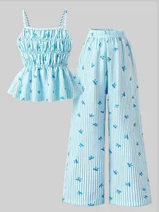 Girls' Summer Set, Cute Striped Bow Print Tank Top & Flowy Pants, 2-Piece Set, Ages 4-8, Perfect Gift for Daughter or Granddaughter