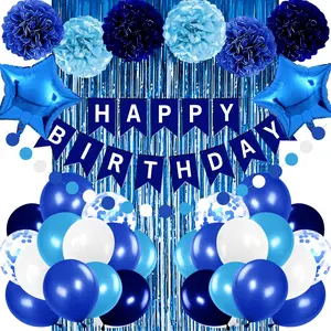 Blue Birthday Party Decorations for Boys Men Happy Birthday Banner Balloons Navy Royal Light Blue Pom Poms Foil Curtain Decor Party Decorations for  Boy