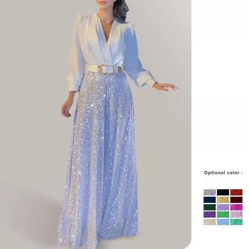 2025 Sequin V-Neck Jumpsuit – Slim Fit Blouse with Wide Leg Pants for Women Elegant Office to Party Outfit Comfort Fabric Womenswear Belt Day Evening