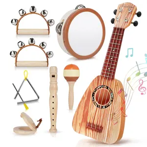 Joyreal Kids Guitar Toys Set, Wooden Musical Instruments Set, Montessori Birthday Gifts, Band Sets with Ukulele/Tambourine/Flute Toys for 2 Years Kids