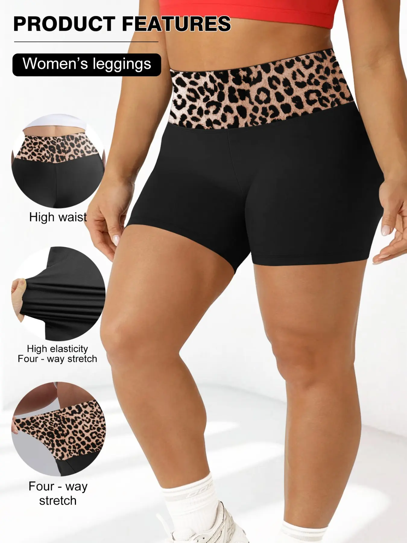 Plus Size Women's Tight Shorts, Leopard Patchwork Fashion Shorts, Waist Color Block Design, Comfortable Fit, Summer Wear, Casual Sportswear, Activewear Shorts, High Waisted Shorts