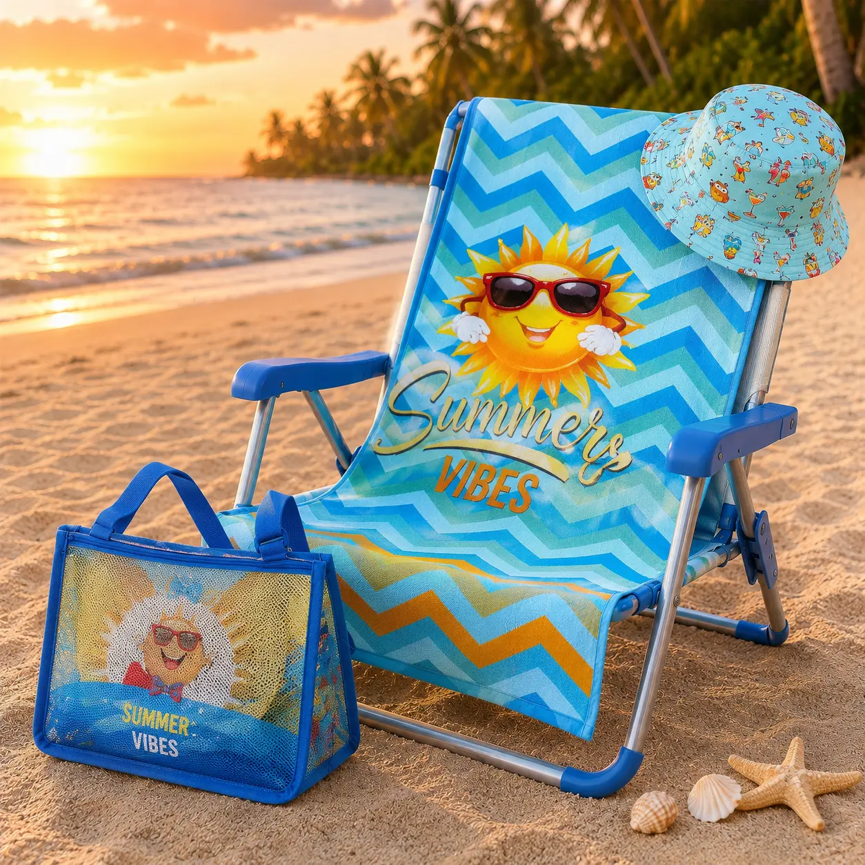 Kids Beach Towel Set with Sun Hat & Beach Bag, 3-Piece Summer Vibes Bundle, Soft Double-Sided Pool Towel for Boys & Girls