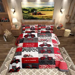 Kids Tractor Comforter Set for Boys Girls,Red Cartoon Tractor Bedding Set,Farm Vehicle Truck Down Comforter,Equipment Construction Duvet Insert