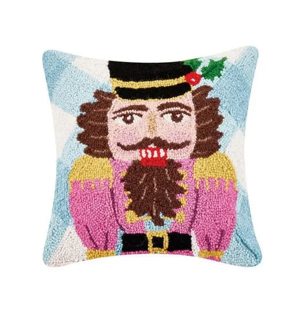 Peking Handicraft 16x16 in Festive Gingham Nutcracker Hook Cushion - Decorative Household Textile Accessory