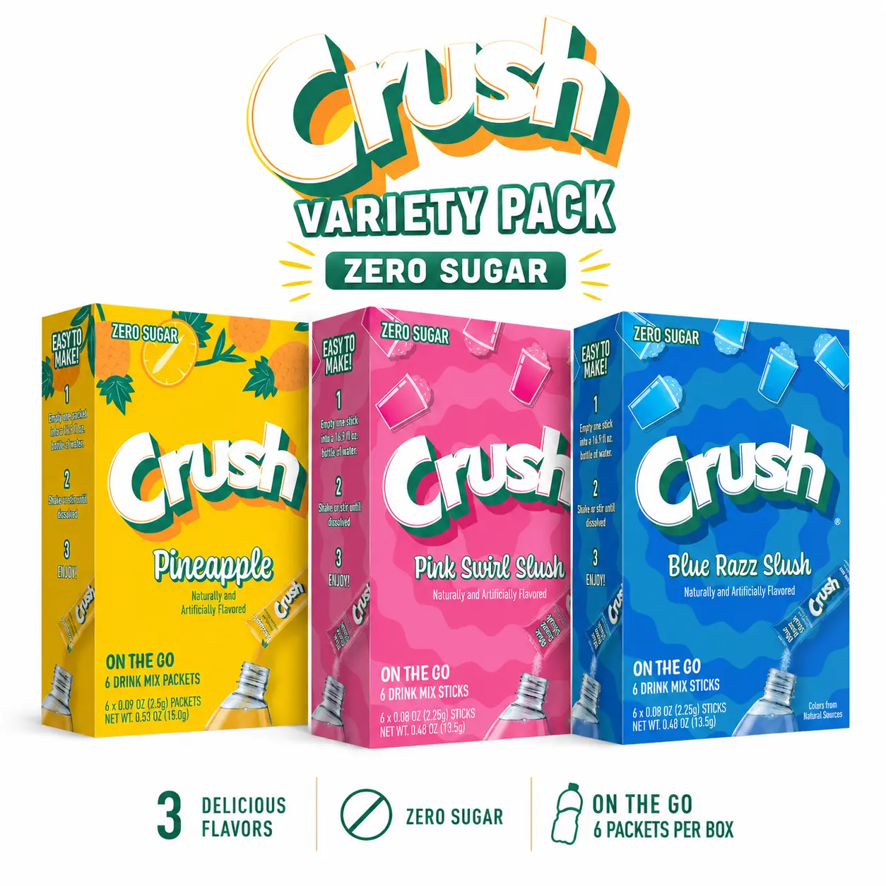 Crush No Sugar Powder Drink Mix Variety Pack - Pineapple, Pink Slush & Blue Razz Flavors, On-the-Go Single-Serve Packets, 3 Boxes (6 Sticks Each)