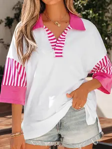 Women's White Striped Color Block Patchwork Polo Collar Half Sleeve T-Shirts, Casual Everyday Sporty Tees for Women, Cute Preppy Flowy Summer Tops, Chic Basic Cotton-Blend Pullovers Apparel