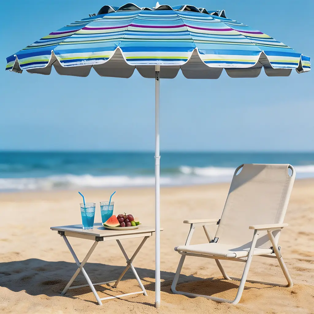 8FT Striped Fiberglass Polyester Sun Parasol Umbrella, Heavy-Duty Windproof Beach Umbrella with Sand Anchor, Adjustable Tilt Canopy, UPF50+ Sun Protection, Portable with Carry Bag for Beach, Patio (summerwins)