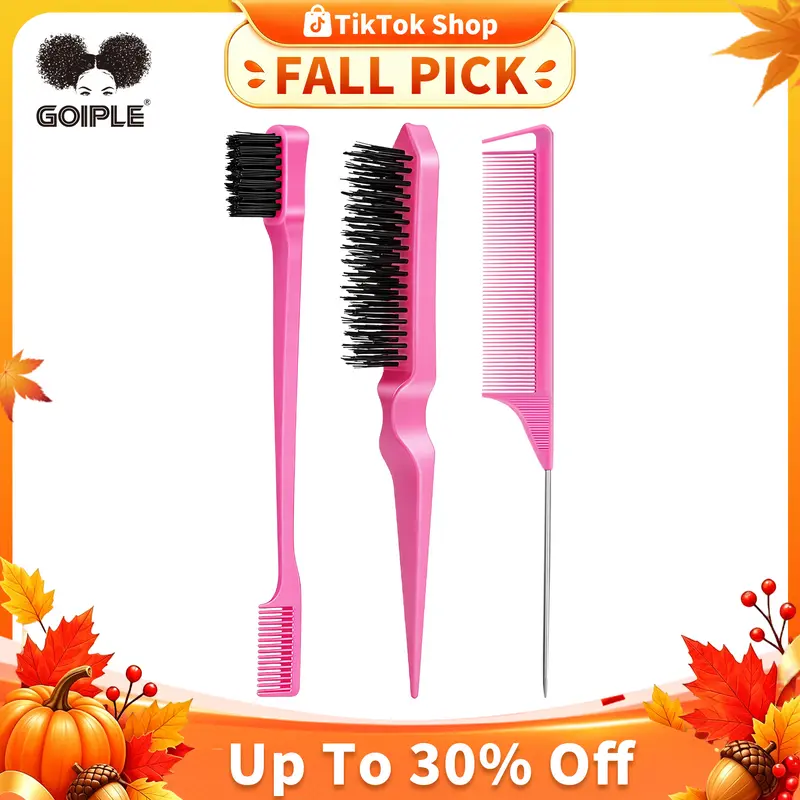 3 Count Comb Set for Teasing Edge and Back Brushing Rat Tail and Edge Combs for Styling Women's Haircare Convenience Smooth Heatless Outdoorfun (Pink)
