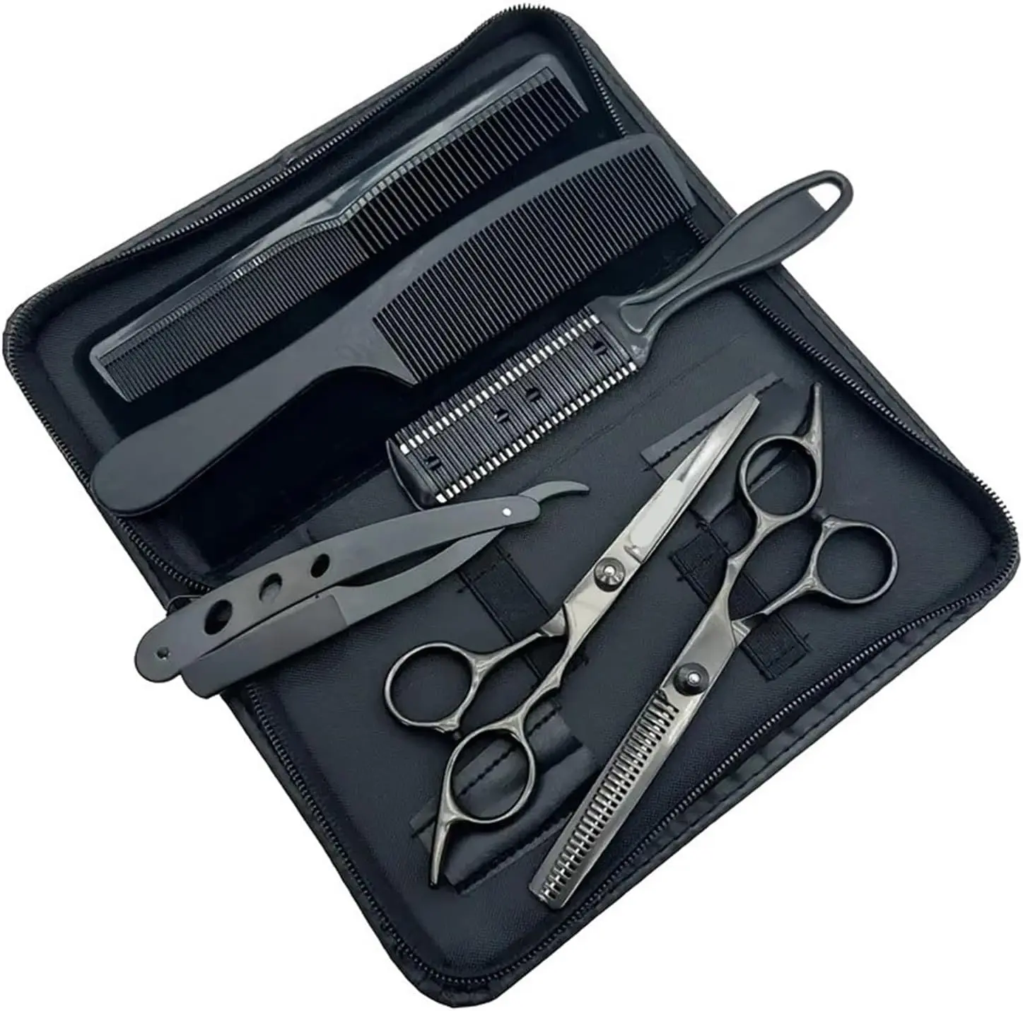 Hair Cutting Scissors Kit, Professional Barber Scissors Hairdressing Shears Set with Stainless Steel Hair Scissor Thinning Scissor for Men Women Pet 6 Pcs Black