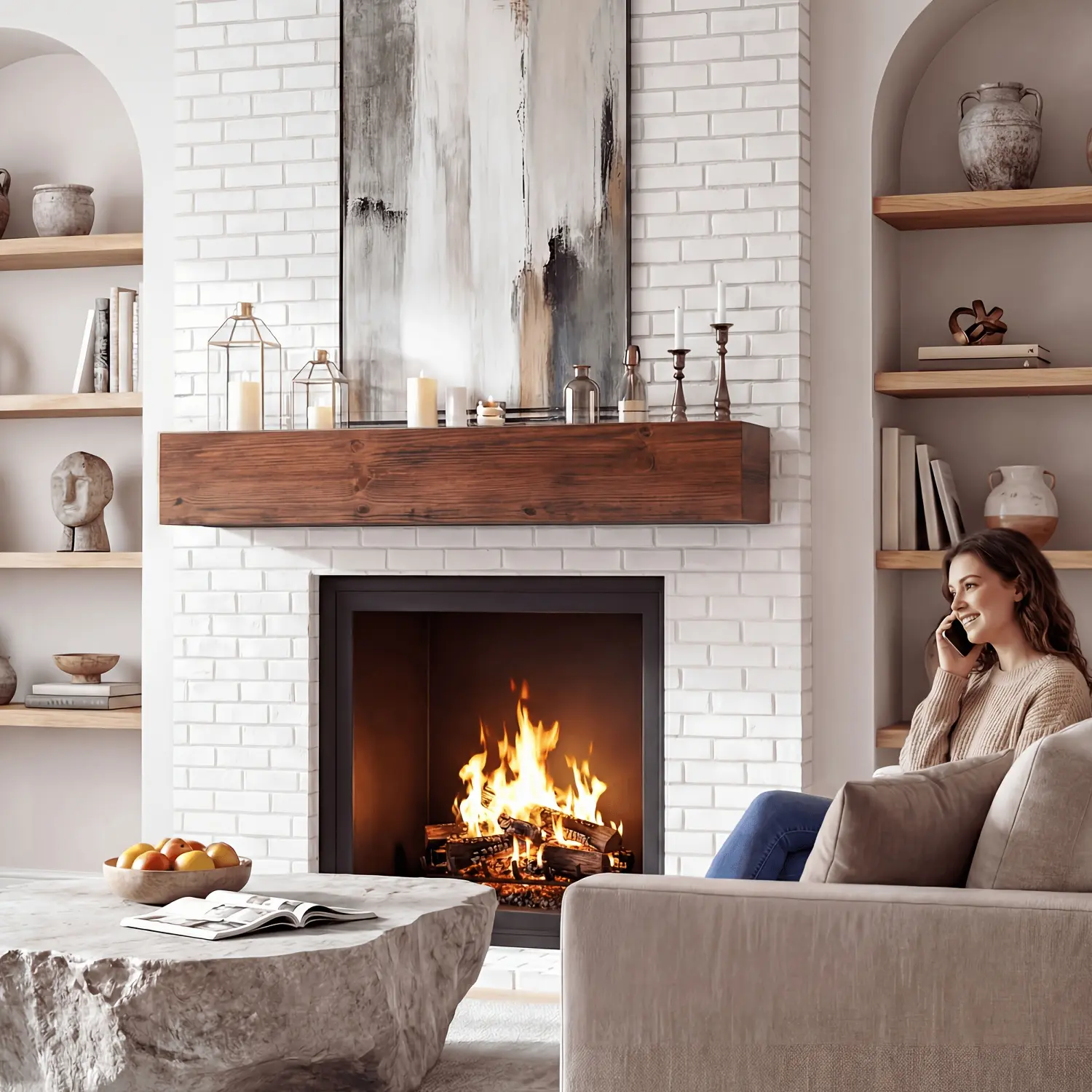 Heavy-Duty Wood Fireplace Mantel Shelf with Invisible Brackets - Floating Shelf Suitable for Over Fireplace, Wall-Mounted Mantel for, Modern Minimalist with Sturdy Bracket System for Displaying Photos, Decor, Books