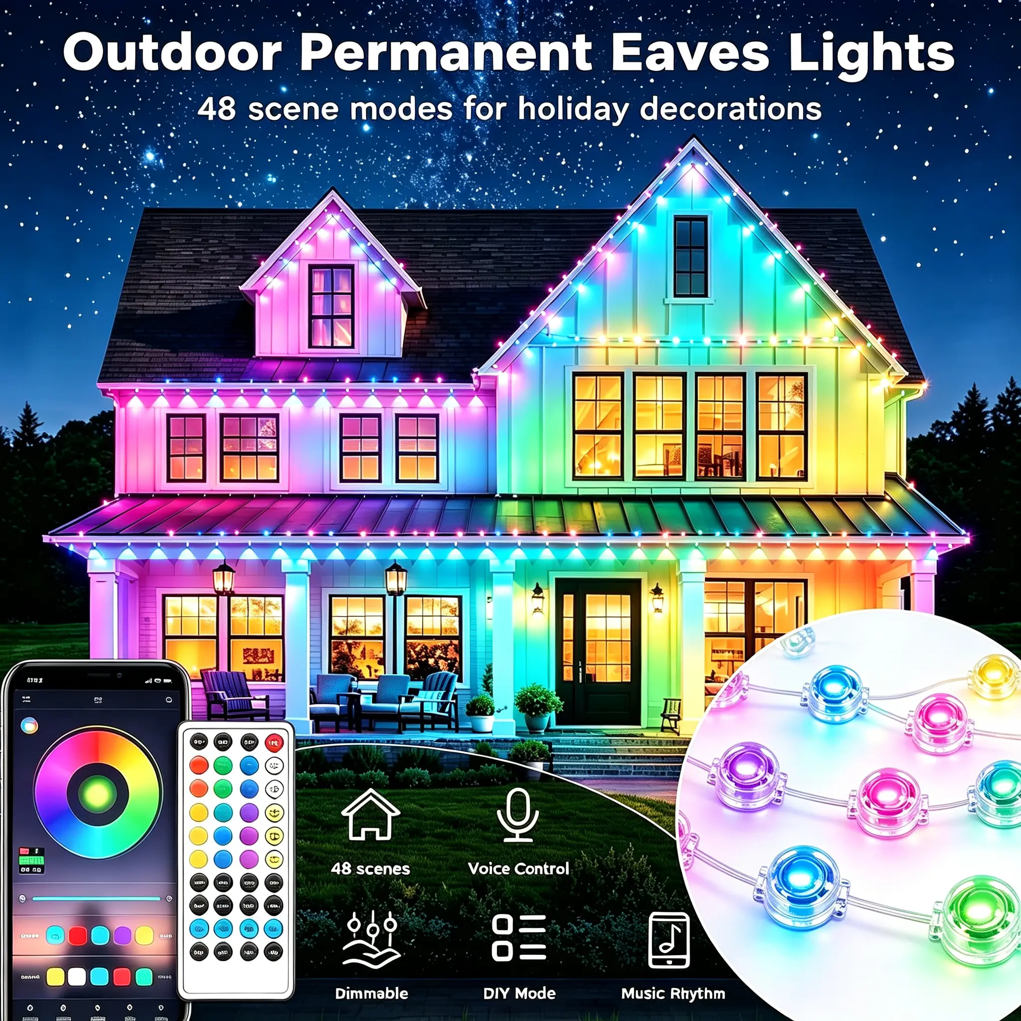 RGB Smart Permanent Outdoor Eaves LED Lights, App & Remote Control, IP67 Waterproof, Multiple Sizes for Home Roof Christmas Year-Round Festive Decor
