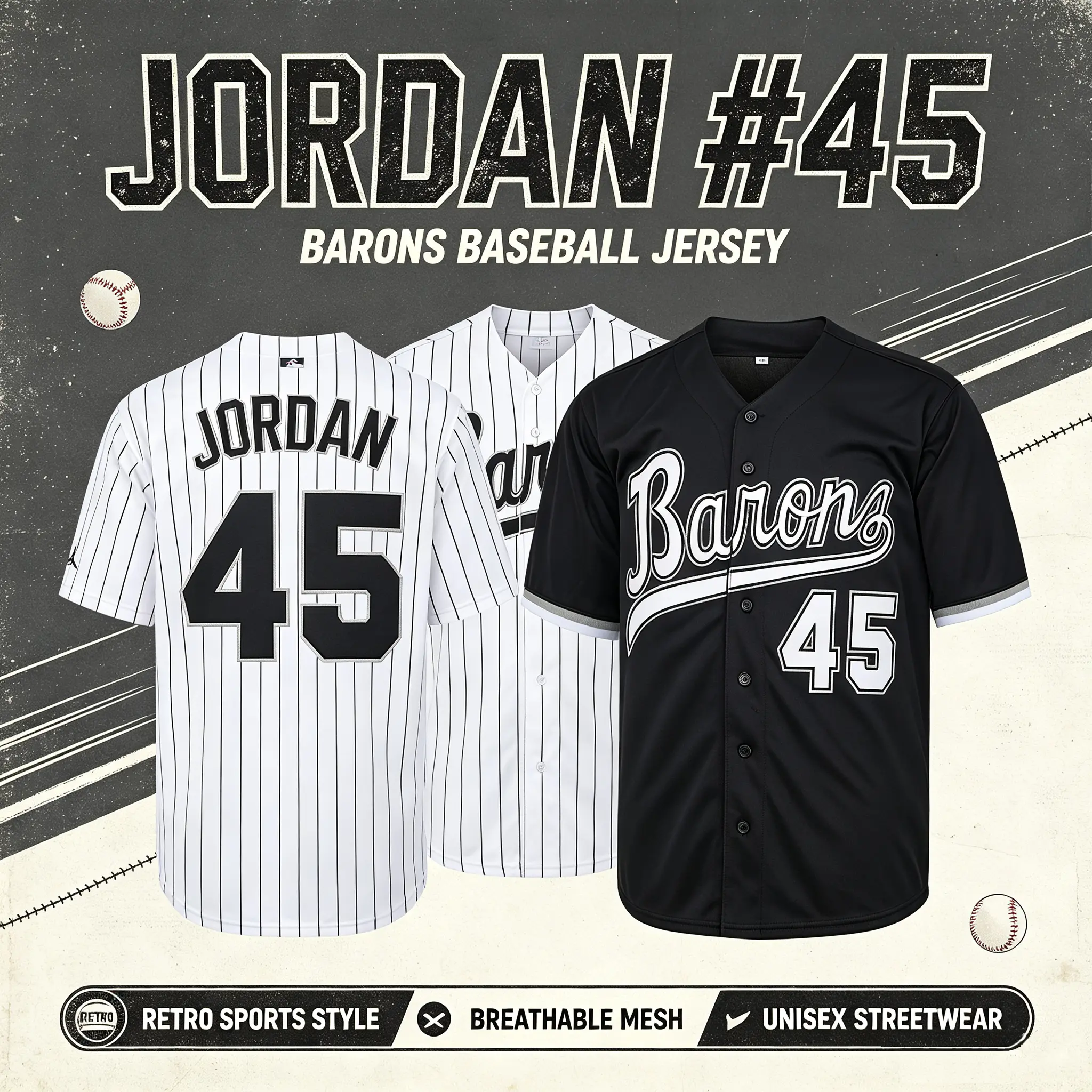 Barons #45 90s Unisex Stitched Baseball Jersey - Embroidered Logo, Cool Blend Fabric, White-Black Stripe, Customizable Names, S-3XL Large-Size, Machine Washable, Cold Wash Only, No Dry Clean, Professional Outdoor Wear for Hip Hop Enthusiasts, Stripe Patte